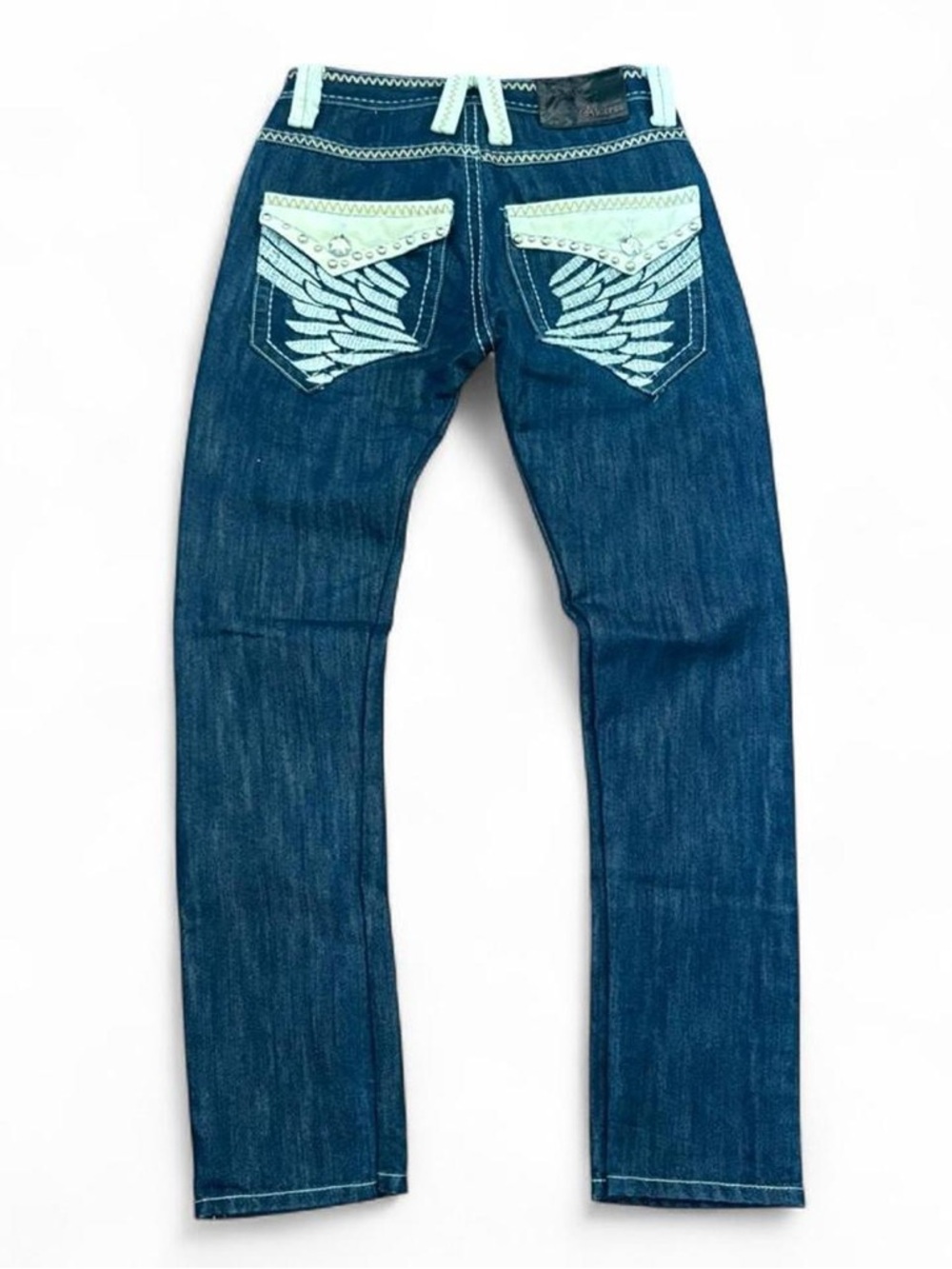 Y2K Ak:cess Premium Denim Jeans Studs Embroidered Size 30 X 30 Cross Wings USA